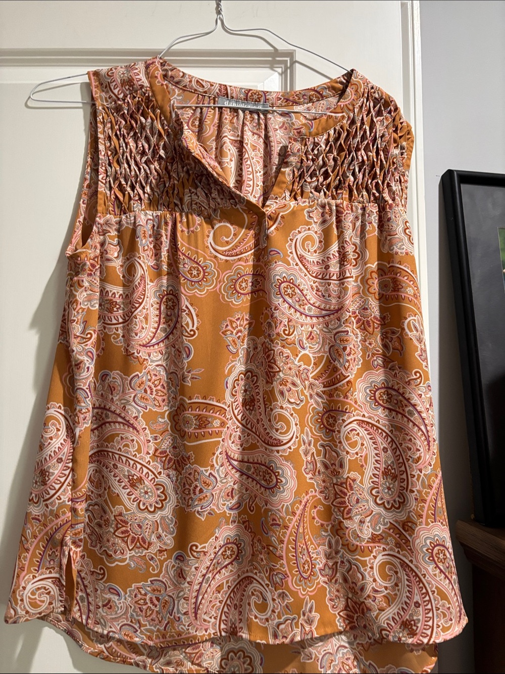 Daniel Rainn Mustard Paisley Smocked Yoke Sleeveless Top